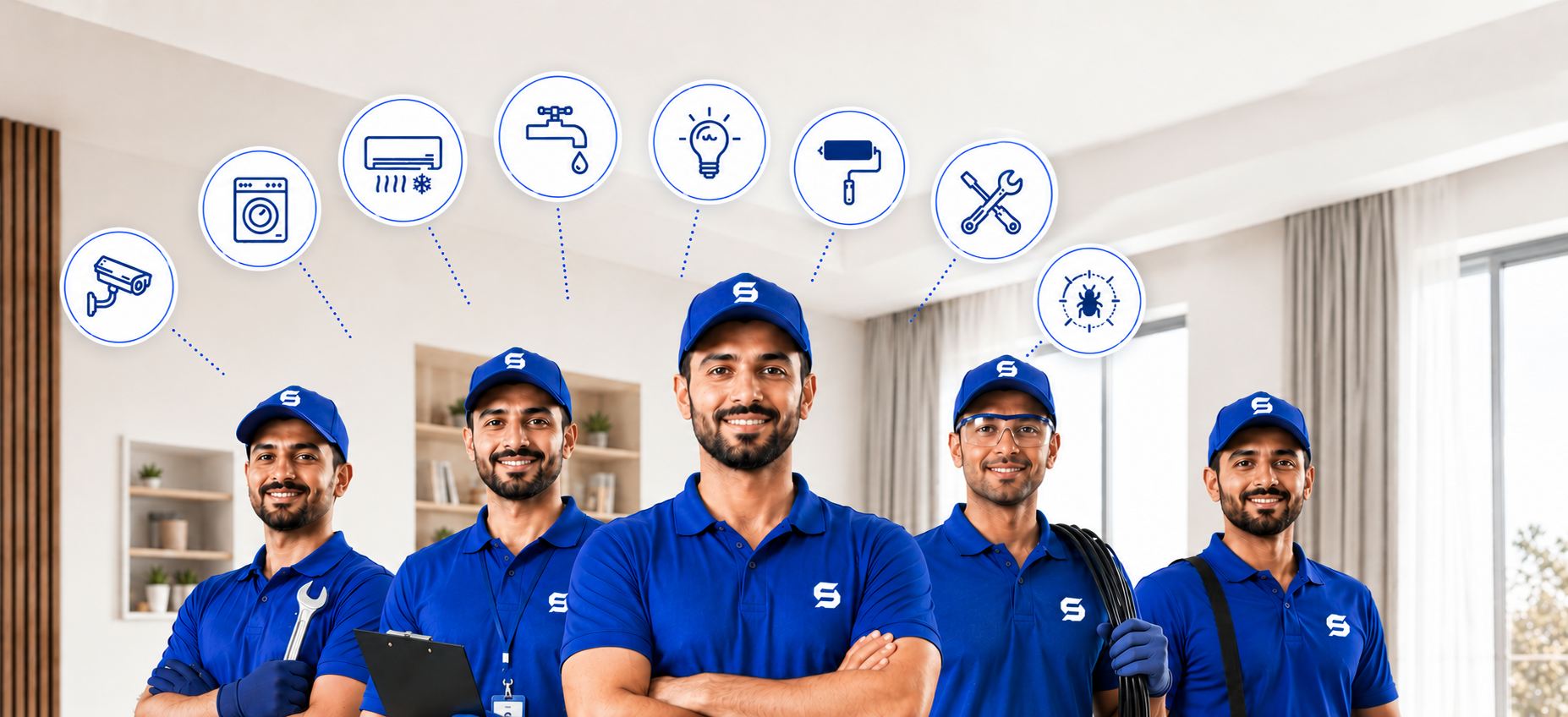 Five Serfix technicians in blue branded uniforms standing in a bright living room, with icons for CCTV, appliances, AC, plumbing, lighting, painting, repairs and pest control above them