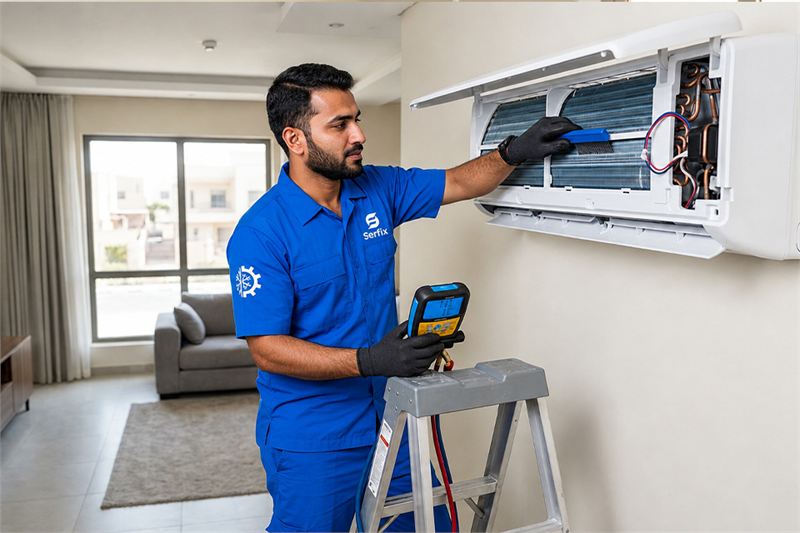 A Serfix technician servicing a wall-mounted air-conditioning unit from a step ladder