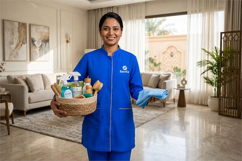 A smiling Serfix cleaner in a blue uniform holding a basket of cleaning supplies in a living room