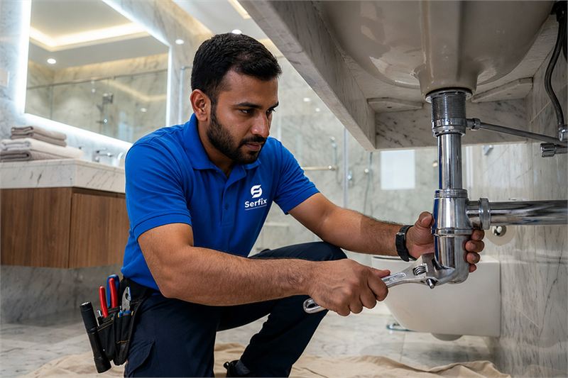 A Serfix plumber in a branded blue polo fixing the pipes under a bathroom sink
